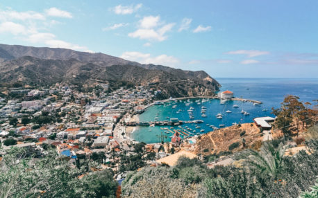 A view from the top of the mountains on Catalina Island. You can see the city of Avalon, Avalon Bay, and Catalina Casino in the distance.